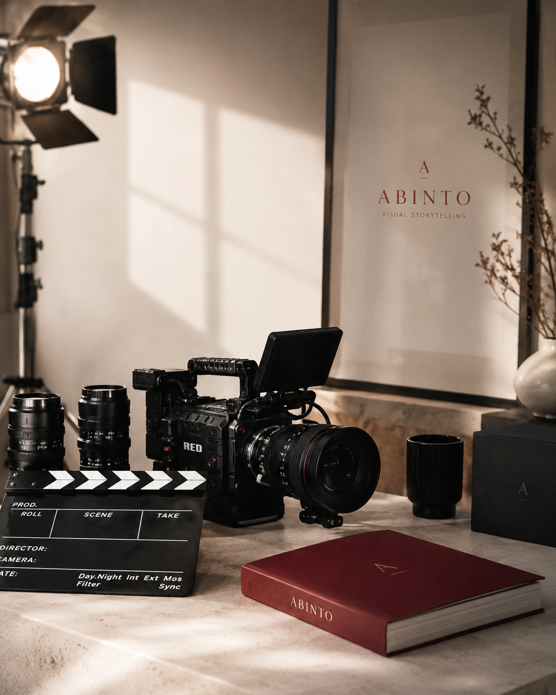 Scène de réalisation cinématographique avec caméra, clap, optiques et lumière de studio dans une ambiance éditoriale.